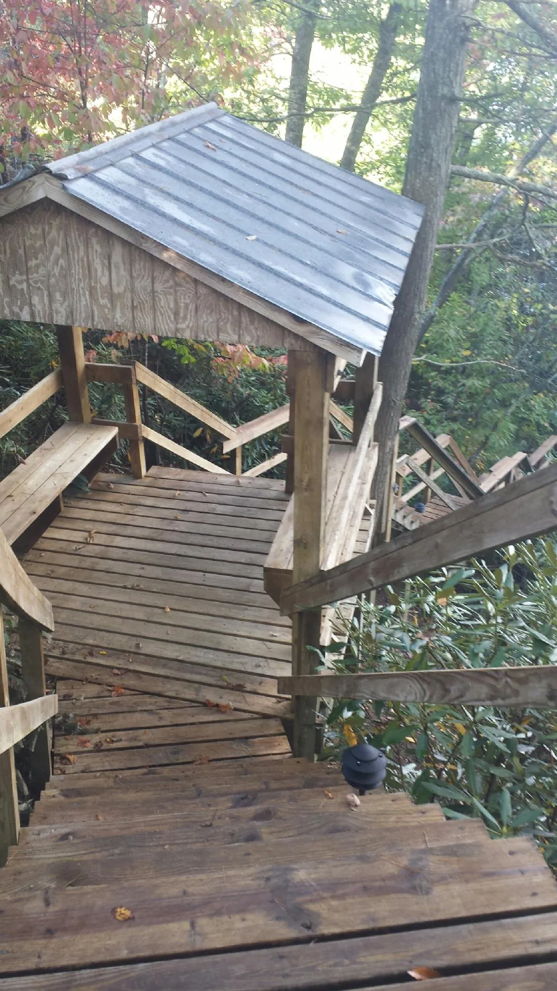 Metal roofed shelter over wooden steps on a wooded walkway — Skylight Repair & Installation work by our crew in Southfields